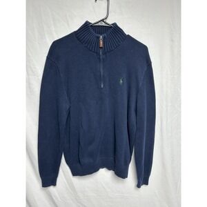 Vintage Polo Ralph Lauren Ribbed 1/4 Zip Mock Neck Cotton Knit Sweater Navy Sz-M